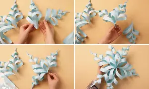 Schritt-für-Schritt-Anleitung zum Schneeflocken basteln mit Papier. Hände formen und kleben die Papierstreifen zu einer schönen Schneeflocke.