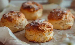 Färska scones rågsikt, pudrade med florsocker, ligger på bakplåtspapper. Perfekta för en mysig fika.