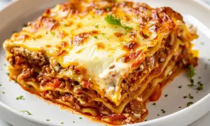 En saftig bit lasagne med köttfärssås och ost, perfekt för ett mysigt middagsrecept.