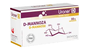 Opakowanie Uroner D z D-mannozą, 16 saszetek. Widoczny wzór chemiczny D-mannozy.