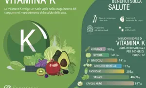 Alimenti con vitamina K in ordine alfabetico: asparagi, basilico e salvia, broccoli, cavoli di Bruxelles, cavolo nero, lattuga, radicchio, spinaci.