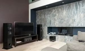 Nowoczesny salon z telewizorem, głośnikami i czarnym subwooferem. To właśnie subwoofer co to, urządzenie wzmacniające niskie tony.