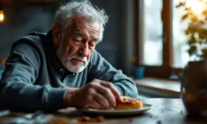 Un homme âgé, l'air soucieux, regarde une part de gâteau. Il se demande : "J'ai mangé trop de sucre, que faire ?