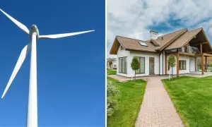 Przydomowe elektrownie wiatrowe zapewniają czystą energię dla nowoczesnego domu z pięknym ogrodem.