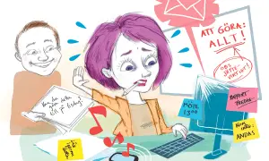 En stressad kvinna vid datorn, överväldigad av uppgifter. En kollega ger henne mer att göra. Tydlig kommunikation saknas, vilket leder till kaos.
