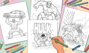 Dibujo de Hulk para colorear, levantando un coche, luchando contra Thor y con la palabra HULK. ¡A colorear!