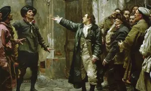 Mężczyzna w stroju z epoki gestykuluje, opowiadając historię tłumowi. To nie boska komedia, a scena z życia ulicy.
