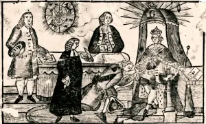 Gustav III statskupp avbildad: en kunglig person kröns, medan andra figurer i historiska kläder bevittnar händelsen.