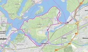 Karte zeigt eine Fahrradtour um den Wannsee und Sacrower See bei Berlin.