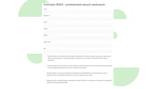 Formularz RODO: zgoda na przetwarzanie danych osobowych, dane kontaktowe, zgody marketingowe i handlowe.