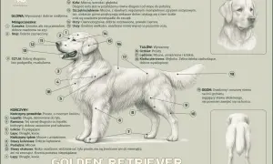 Golden retriever, pies o złocistym umaszczeniu, z zaznaczonymi częściami ciała.
