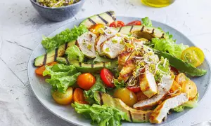 Gegrillter Hähnchensalat mit Avocado, Tomaten und Sprossen auf einem Teller.