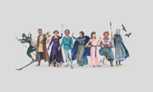 En illustration med flera figurer som ger fakta om asagudarna. En skidåkare, en man med horn, kvinnor i klänningar och män med djur och fåglar.