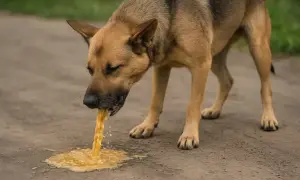 Smutny pies wymiotuje krwią. Jego oczy są przymknięte, a żółta ciecz spływa na ziemię.