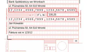 Przelew na kwotę 135,25 PLN do Banku Spółdzielczego we Wronkach, ul. Poznańska 50. Jak zapłacić mandat? Wypełnij ten druk.