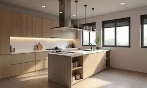 Cocina moderna con isla central, gabinetes de madera clara y encimeras de mármol. Perfecta para una reforma de cocina.