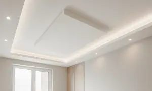 Controsoffitto isolante acustico con illuminazione integrata, crea un ambiente moderno e confortevole.
