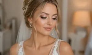 Panna młoda z subtelnym makijażem glow na wesele, w welonie i biżuterii.