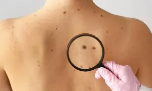 Dłoń w różowej rękawiczce bada pieprzyk pod lupą na plecach. Wiele pieprzyków i znamion na skórze.