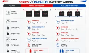 Jämförelse av serie- och parallellkoppling av batterier. Seriekoppla batteri för högre spänning, parallellkoppling för längre drifttid.