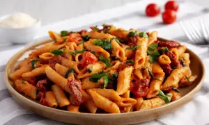 Penne z sosem pomidorowym i suszonymi pomidorami, posypane świeżą natką pietruszki. Idealne danie dla miłośników włoskich smaków.