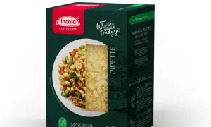 Pudełko makaronu Incola Pipette bez glutenu, z sugestią podania z warzywami. Idealny dla osób na diecie bezglutenowej.