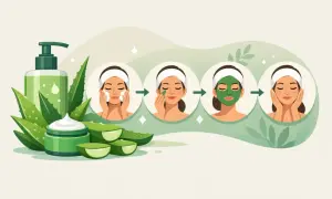 Ilustración muestra cómo aplicar aloe vera en la piel: limpieza, aplicación de mascarilla y cuidado final.