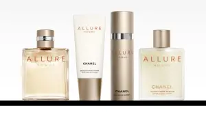 Zestaw kosmetyków Chanel Allure Homme: woda toaletowa, balsam po goleniu, spray i lotion.
