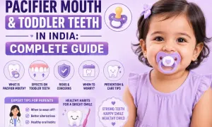 A smiling toddler wears a purple pacifier, illustrating the topic of pacifier mouth and toddler teeth in India.