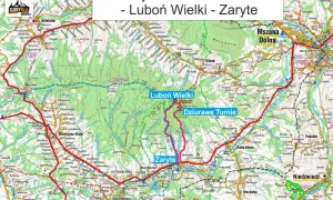 Mapa szlaku turystycznego Zaryte - Dziurawe Turnie - Luboń Wielki. Widok na góry i doliny.
