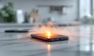 Telefon dymi i świeci na pomarańczowo, pokazując, czemu telefon się nagrzewa.