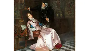 En äldre man med skägg står över en sovande kvinna i en stol. Kvinnan, som kan vara Katarina av Sachsen-Lauenburg, bär en rosa klänning.