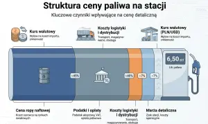 Struktura ceny paliwa: ropa (45%), podatki (40%), logistyka (7%), marża (7%). Kurs walutowy wpływa na koszt importu.