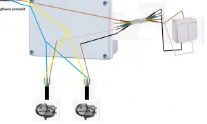 Schemat instalacji elektrycznej z puszką, dwoma reflektorami i łącznikiem dwubiegunowym.