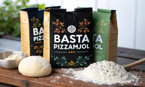 Bästa pizzamjöl för hemmabakat bröd. En degboll och mjöl på en träskärbräda framför tre mjölpåsar.