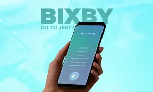 Bixby po polsku: asystent głosowy na ekranie telefonu. "Okay, I'm listening" i przykładowe komendy.