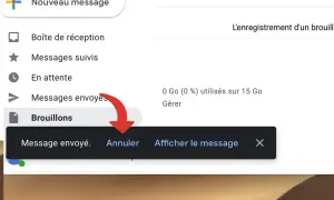 Interface Gmail : un curseur rouge pointe vers "Brouillons", rappelant un mail non envoyé.