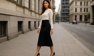 Elegancka kobieta w czarnej spódnicy midi i białym swetrze, na nogach czarne szpilki. Idealne buty do spódnicy midi.