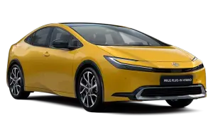 Nowa Toyota Prius Plug-in Hybrid w kolorze żółtym, prezentująca nowoczesny design i dynamiczną sylwetkę.