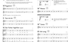 Fragment muzyki na flecie z zapisem nutowym, instrukcjami i diagramami palcowania.