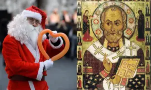 Mikołaj w stroju Świętego Mikołaja trzyma pomarańczowe serce z balonu obok ikony przedstawiającej świętego Mikołaja.
