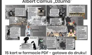 Kolaż grafik i fragmentów tekstu z analizą "Dżumy" Alberta Camusa.