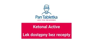 Logo Pan Tabletka z napisem "Ketonal Active - Lek dostępny bez recepty".
