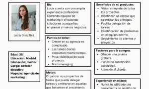 Lucía, 38, directora ejecutiva de agencia de marketing, es un ejemplo de buyer persona. Sus metas y puntos de dolor guían la estrategia.