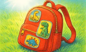 Czerwony plecak z naszywkami dinozaurów na trawie.