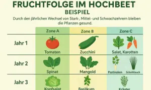 Jahresplan für das Hochbeet: Tomaten, Zucchini, Salat, Karotten, Spinat, Mangold, Pastinaken, Schnittlauch, Kopfsalat, Basilikum, Kräuter.