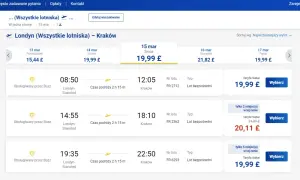 Ryanair: gdzie kupić bilet? Widok lotów z Londynu do Krakowa na 15 marca, ceny od 19,99 £.
