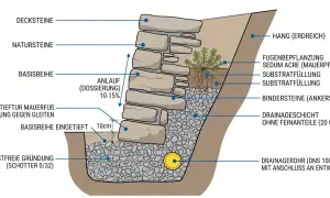 Schnittzeichnung einer Trockenmauer: Natursteine, Substratfüllung, Drainagerohr und Fugenbepflanzung.