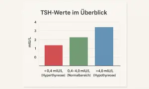 Wykres słupkowy TSH-Werte im Überblick. Wartości TSH: <0,4 mIU/L (czerwony), 0,4-4,0 mIU/L (zielony), >4,0 mIU/L (niebieski).