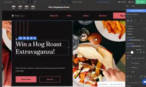 Diseño de landing page: "Win a Hog Roast Extravaganza!". Edición de texto, diseño y opciones de publicación.